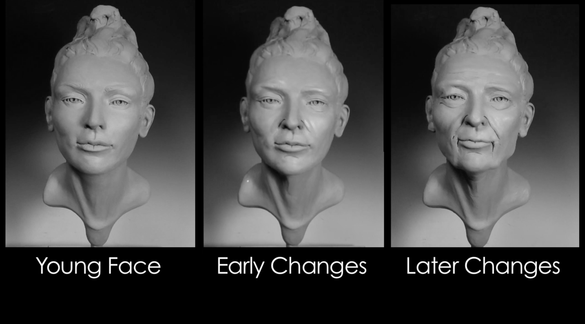 Video thumbnail of three clay sculptures of a woman showing different stages of aging